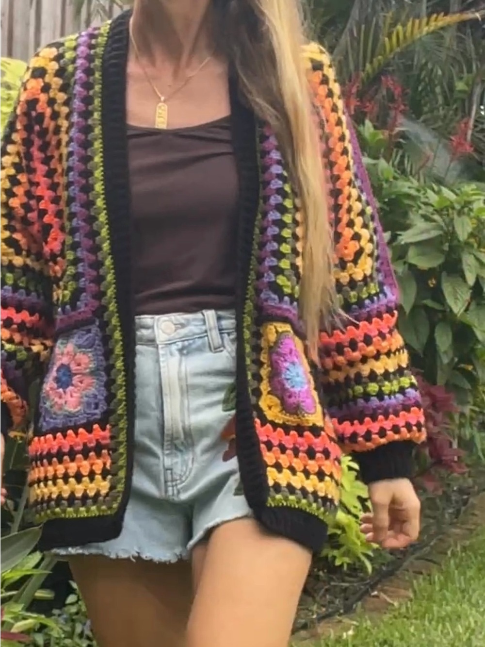 Hand Crafted Multicolor Crochet Granny Cardigan Sweater